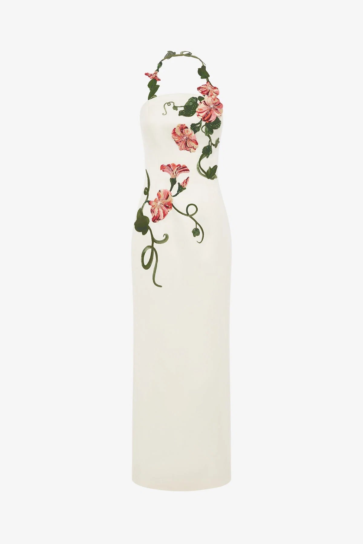 Ava Halterneck Appliqué Floral Bustier Maxi Dress - Vine Print in Snow