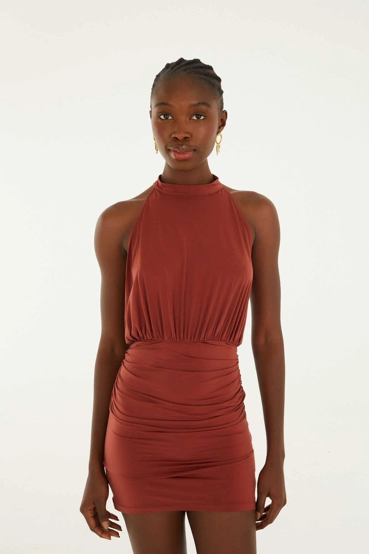 Brown High Neck Draped Open Back Mini Dress