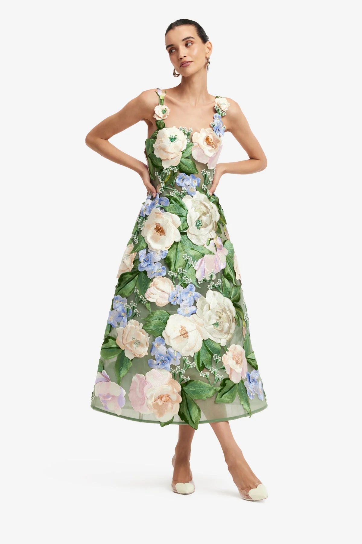 Beatrice Floral Hand-Embroidered Midi Dress - Blossom