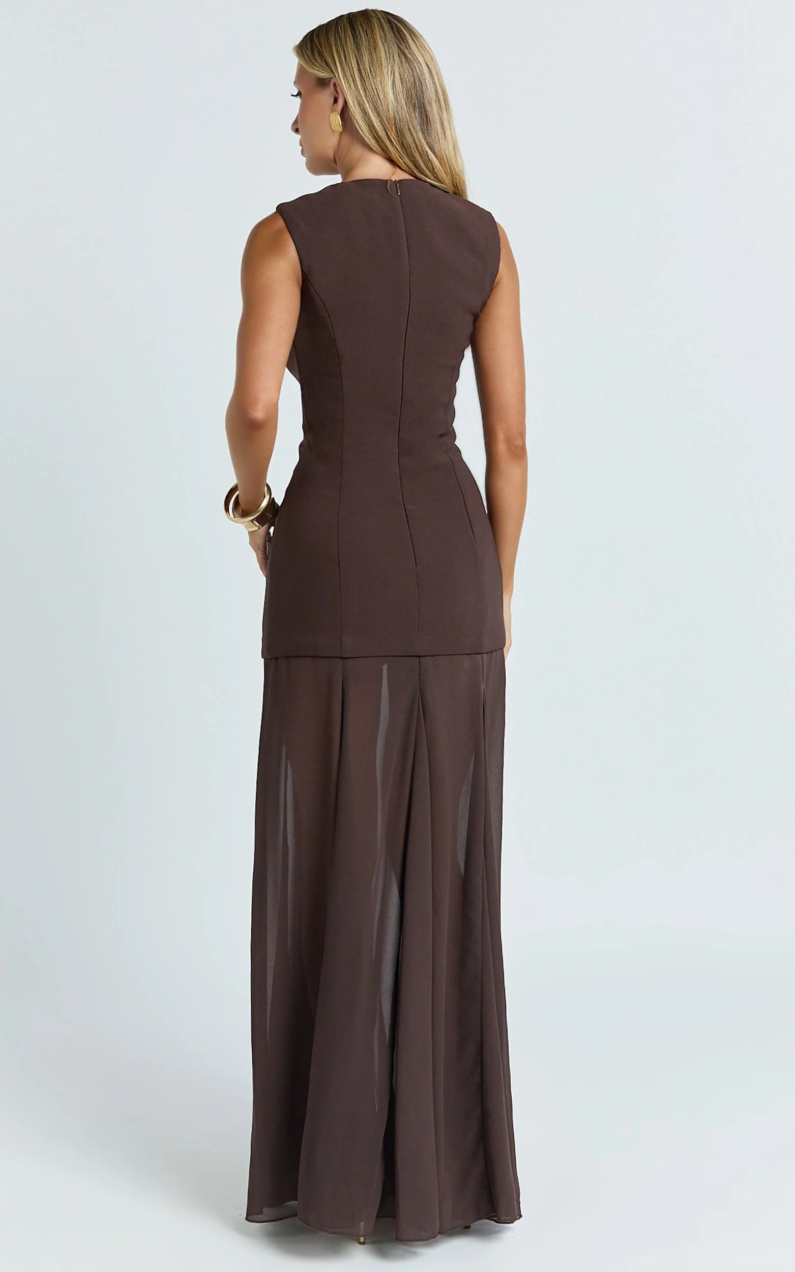 Frances Maxi Dress - Contrast U Neck Godet A Line Dress in Chocolate