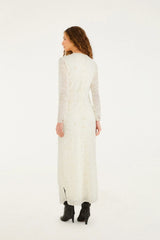 Off-White Embroidered Crew Neck Long Sleeve Maxi Dress