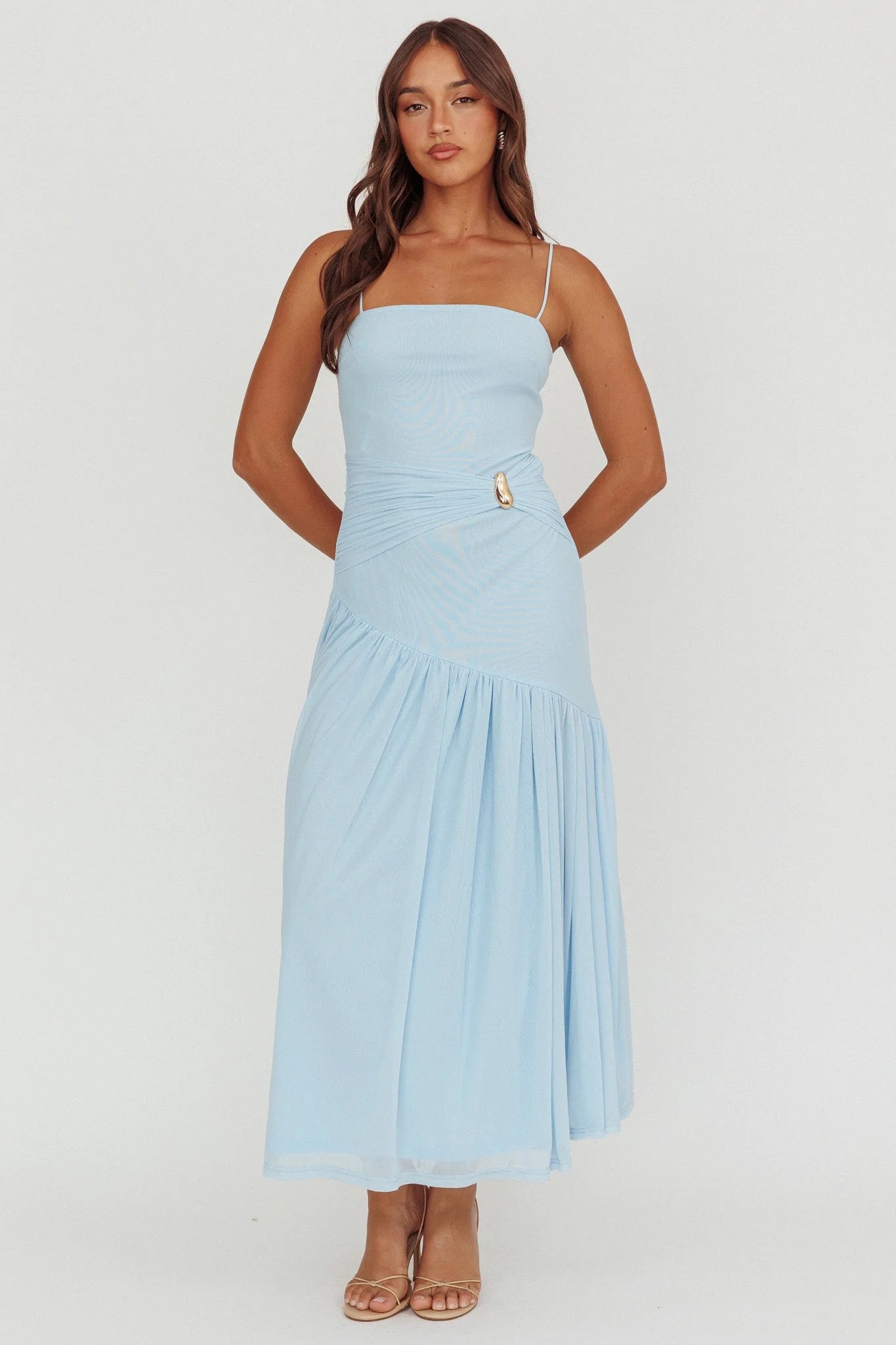 Azure Sun Drop Waist Split Maxi Dress Light Blue