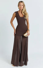 Frances Maxi Dress - Contrast U Neck Godet A Line Dress in Chocolate